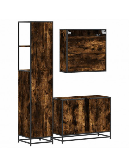 Set Mobili da Bagno 3 pz Rovere Fumo in Legno Multistrato