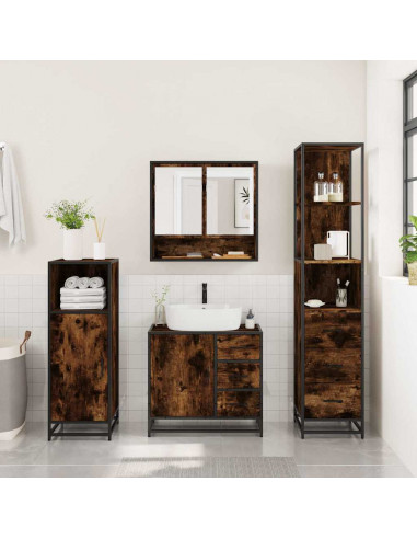 Set Mobili da Bagno 3 pz Rovere Fumo in Legno Multistrato