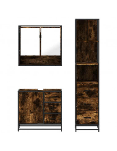 Set Mobili da Bagno 3 pz Rovere Fumo in Legno Multistrato