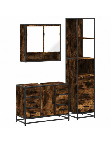 Set Mobili da Bagno 3 pz Rovere Fumo in Legno Multistrato