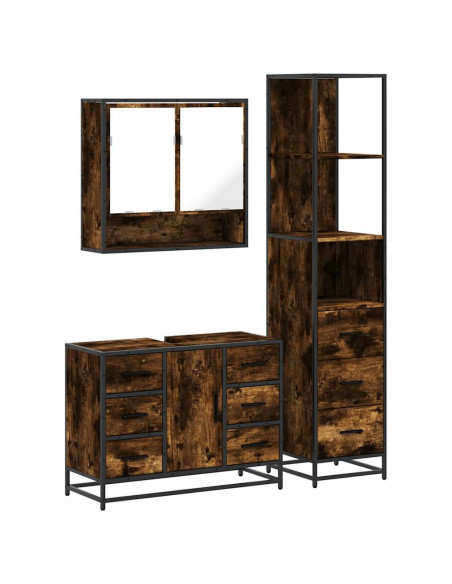 Set Mobili da Bagno 3 pz Rovere Fumo in Legno Multistrato