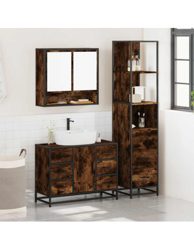 Set Mobili da Bagno 3 pz Rovere Fumo in Legno Multistrato