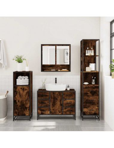 Set Mobili da Bagno 3 pz Rovere Fumo in Legno Multistrato
