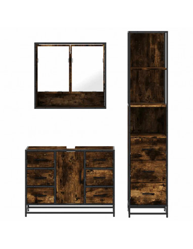 Set Mobili da Bagno 3 pz Rovere Fumo in Legno Multistrato