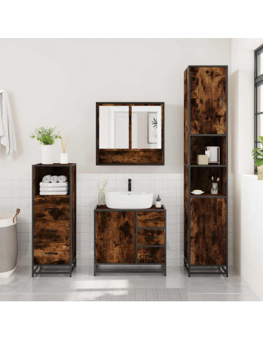Set Mobili da Bagno 3 pz Rovere Fumo in Legno Multistrato