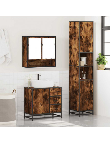 Set Mobili da Bagno 3 pz Rovere Fumo in Legno Multistrato