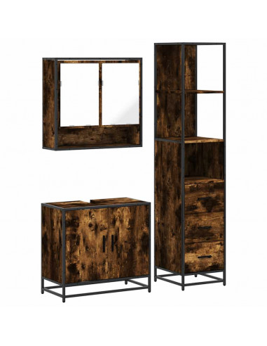 Set Mobili da Bagno 3 pz Rovere Fumo in Legno Multistrato