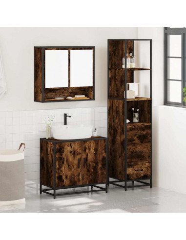 Set Mobili da Bagno 3 pz Rovere Fumo in Legno Multistrato