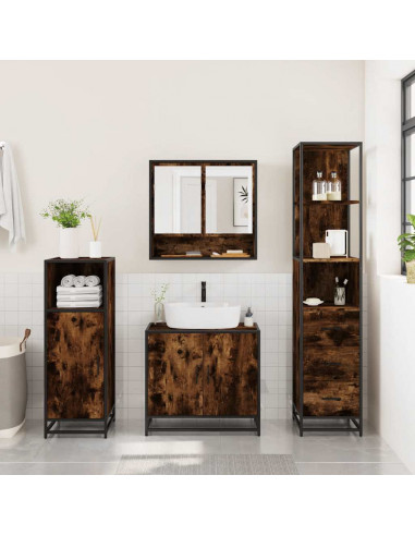 Set Mobili da Bagno 3 pz Rovere Fumo in Legno Multistrato