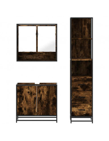 Set Mobili da Bagno 3 pz Rovere Fumo in Legno Multistrato