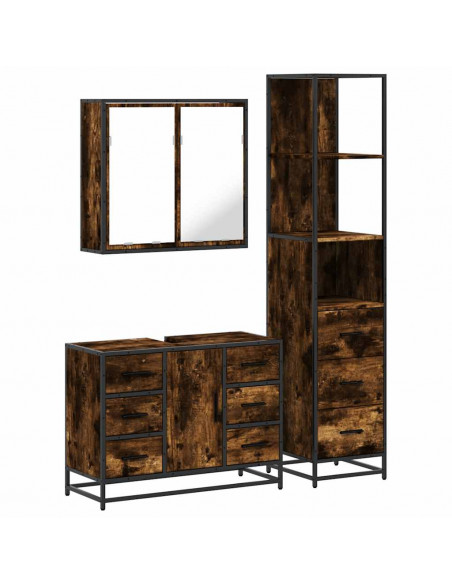 Set Mobili da Bagno 3 pz Rovere Fumo in Legno Multistrato