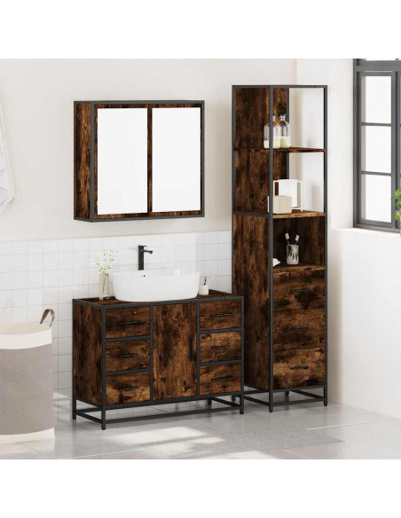 Set Mobili da Bagno 3 pz Rovere Fumo in Legno Multistrato