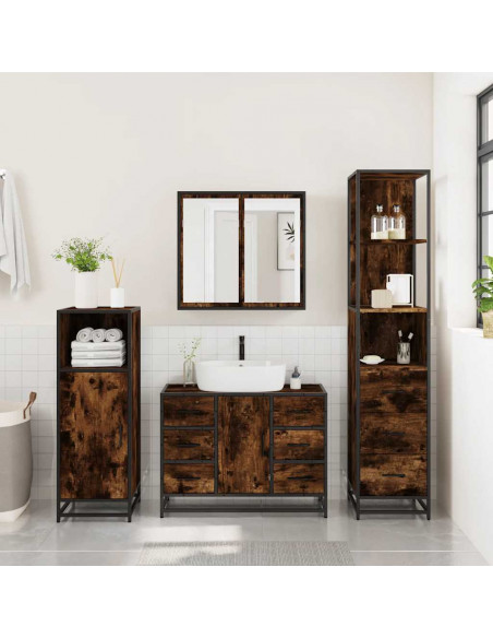 Set Mobili da Bagno 3 pz Rovere Fumo in Legno Multistrato