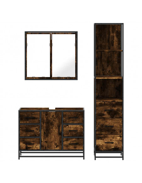 Set Mobili da Bagno 3 pz Rovere Fumo in Legno Multistrato