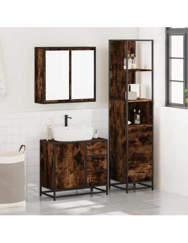Set Mobili da Bagno 3 pz Rovere Fumo in Legno Multistrato