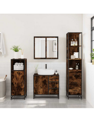 Set Mobili da Bagno 3 pz Rovere Fumo in Legno Multistrato