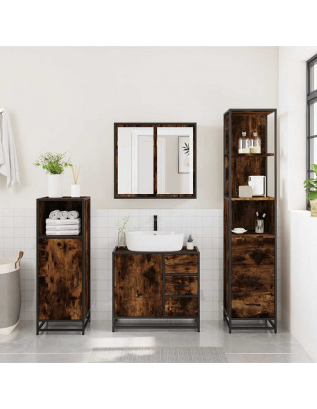 Set Mobili da Bagno 3 pz Rovere Fumo in Legno Multistrato