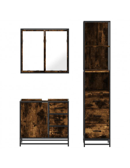 Set Mobili da Bagno 3 pz Rovere Fumo in Legno Multistrato