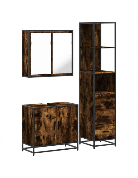 Set Mobili da Bagno 3 pz Rovere Fumo in Legno Multistrato