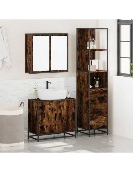 Set Mobili da Bagno 3 pz Rovere Fumo in Legno Multistrato