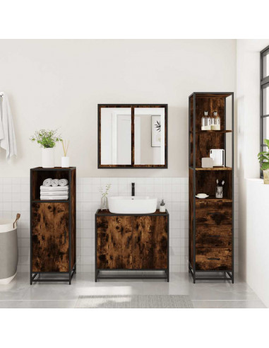 Set Mobili da Bagno 3 pz Rovere Fumo in Legno Multistrato