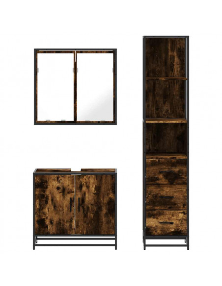 Set Mobili da Bagno 3 pz Rovere Fumo in Legno Multistrato