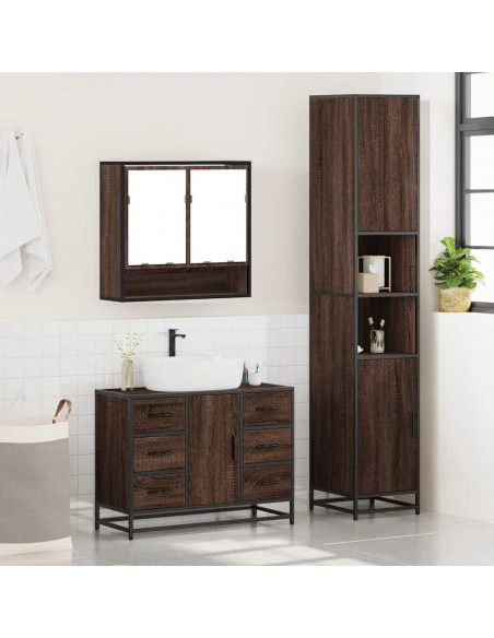 Set Mobili da Bagno 3 pz Rovere Marrone in Legno Multistrato