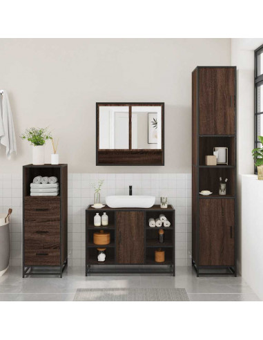 Set Mobili da Bagno 3 pz Rovere Marrone in Legno Multistrato