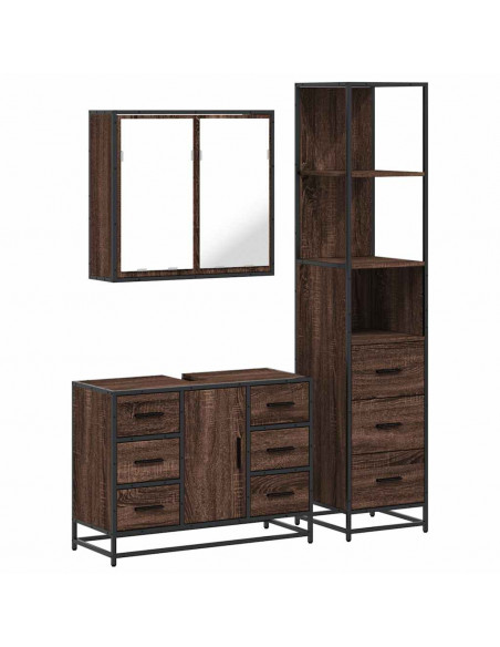 Set Mobili da Bagno 3 pz Rovere Marrone in Legno Multistrato