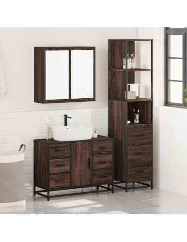 Set Mobili da Bagno 3 pz Rovere Marrone in Legno Multistrato