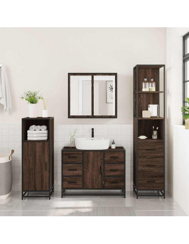 Set Mobili da Bagno 3 pz Rovere Marrone in Legno Multistrato