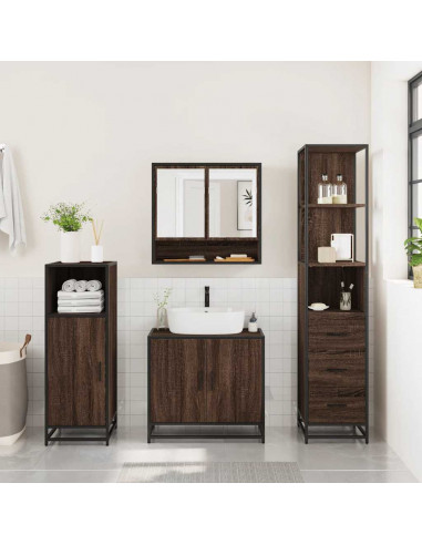 Set Mobili da Bagno 3 pz Rovere Marrone in Legno Multistrato
