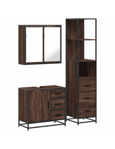 Set Mobili da Bagno 3 pz Rovere Marrone in Legno Multistrato