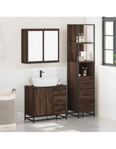Set Mobili da Bagno 3 pz Rovere Marrone in Legno Multistrato