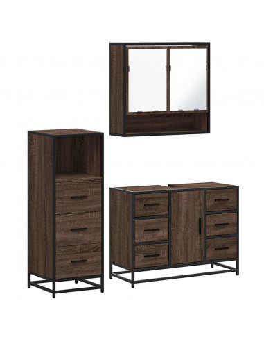 Set Mobili da Bagno 3 pz Rovere Marrone in Legno Multistrato