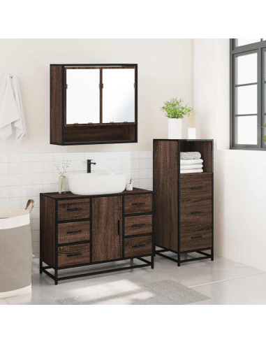 Set Mobili da Bagno 3 pz Rovere Marrone in Legno Multistrato