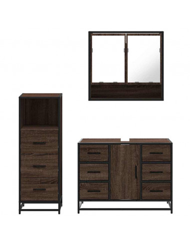 Set Mobili da Bagno 3 pz Rovere Marrone in Legno Multistrato