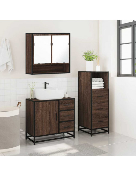 Set Mobili da Bagno 3 pz Rovere Marrone in Legno Multistrato