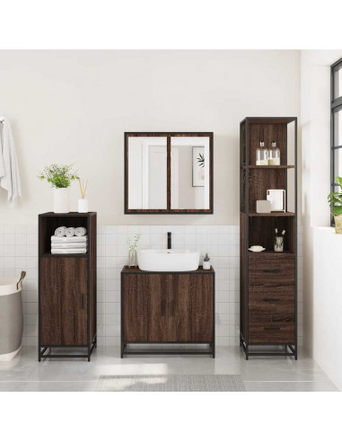 Set Mobili da Bagno 3 pz Rovere Marrone in Legno Multistrato