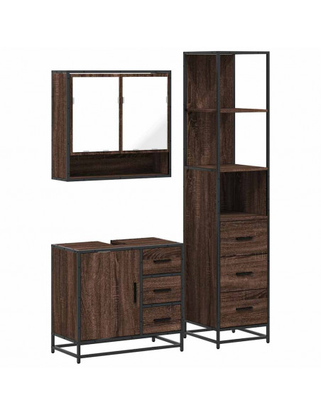 Set Mobili da Bagno 3 pz Rovere Marrone in Legno Multistrato