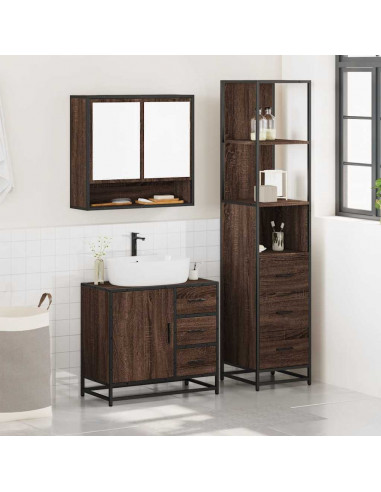 Set Mobili da Bagno 3 pz Rovere Marrone in Legno Multistrato