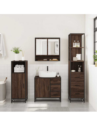 Set Mobili da Bagno 3 pz Rovere Marrone in Legno Multistrato