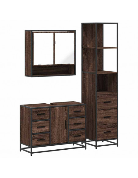 Set Mobili da Bagno 3 pz Rovere Marrone in Legno Multistrato