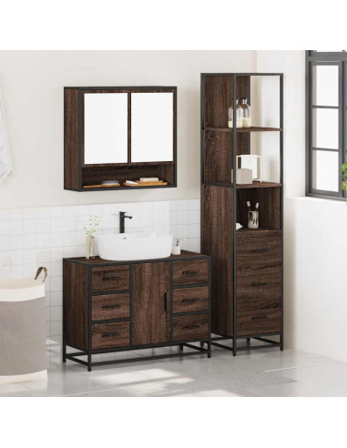 Set Mobili da Bagno 3 pz Rovere Marrone in Legno Multistrato