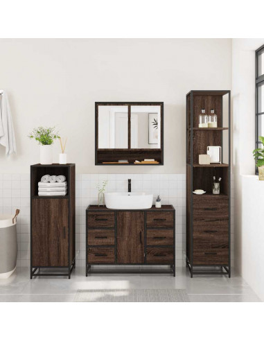 Set Mobili da Bagno 3 pz Rovere Marrone in Legno Multistrato