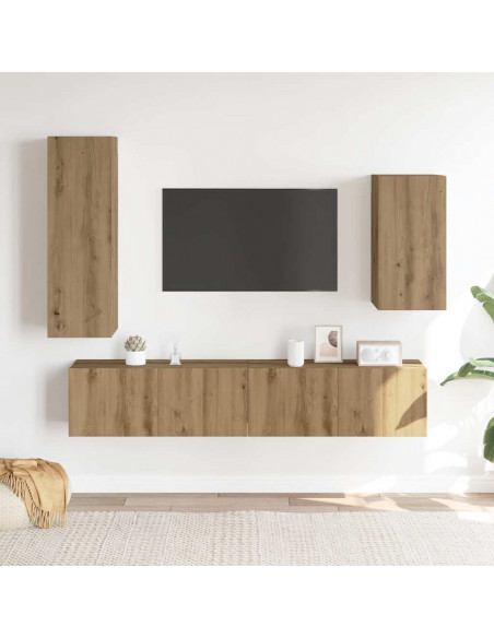 Set Mobile TV 4 pz Montato a Parete Rovere in Legno Multistrato