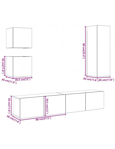 Set Mobile TV 5 pz Montato a Parete Rovere in Legno Multistrato
