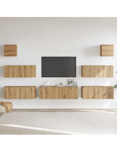 Set Mobile TV 7 pz Montato a Parete Rovere in Legno Multistrato