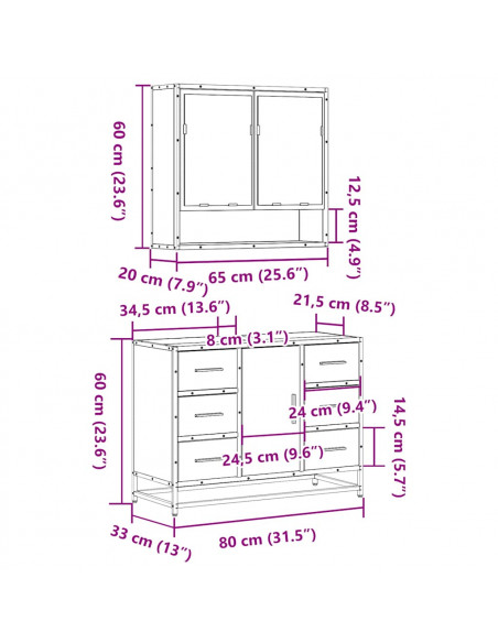 Set Mobili da Bagno 2 pz Grigio Sonoma in Legno Multistrato