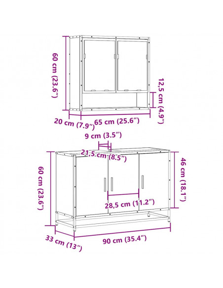 Set Mobili da Bagno 2 pz Grigio Sonoma in Legno Multistrato